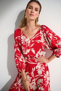 Joseph Ribkoff Red/Cream Floral Print Straight Top Style 252119