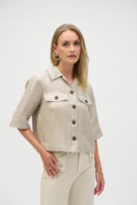 Joseph Ribkoff Champagne Foiled Linen Blend Short Sleeve Boxy Jacket Style 252921.