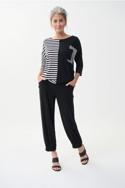 Joseph Ribkoff Black/Off-White Colour-Block Asymmetrical Top Style