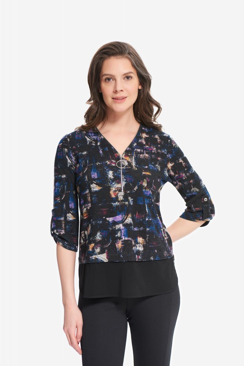 Joseph Ribkoff Black/Multi Abstract Knit Top Style 214198