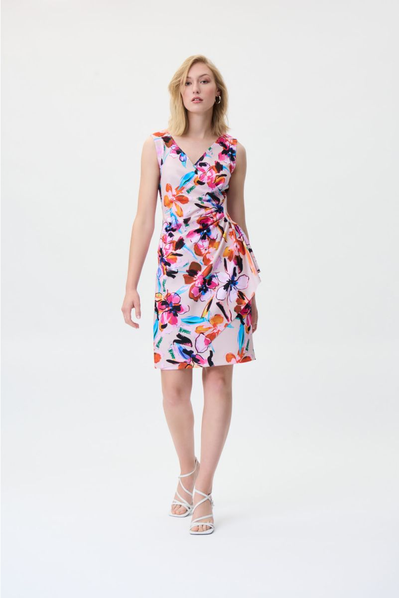 Joseph Ribkoff Beige/Multi Flower Print Wrap Dress Style 231172