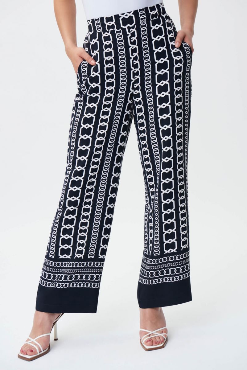 Joseph Ribkoff Midnight Blue/Multi Chain Border Print Wide-Leg Pants Style  231198