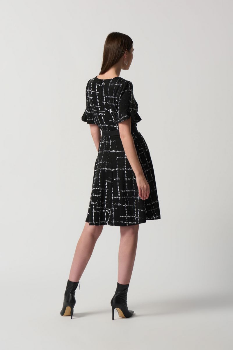 Joseph Ribkoff Black/Multi Plaid Jacquard Ruffled Dress Style 233004