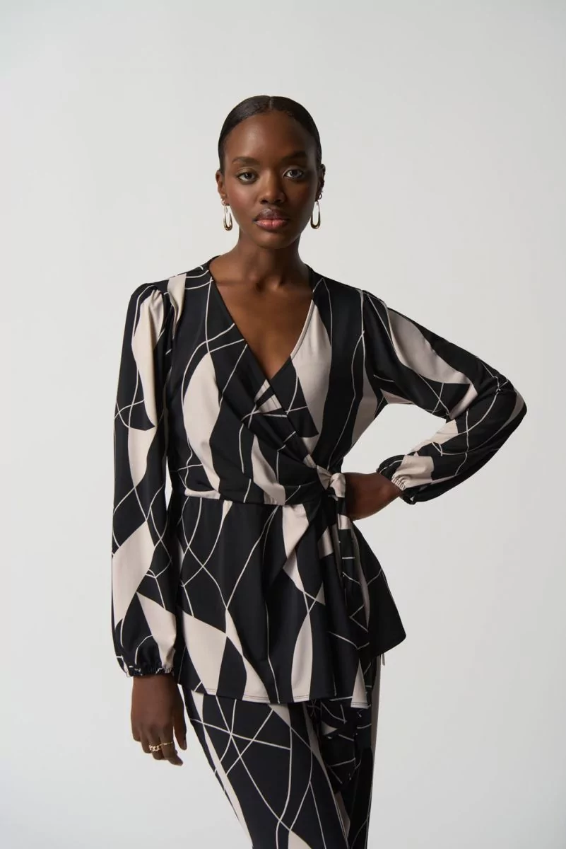 Joseph Ribkoff Black/Moonstone Abstract Print Wrap Tunic Style 233033