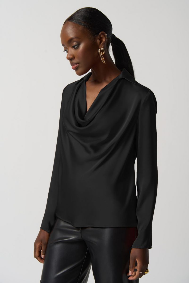 Joseph Ribkoff Knit Shirt TOP 6 Womens EDGY Vegan Leather Pockets BLACK RV  $200