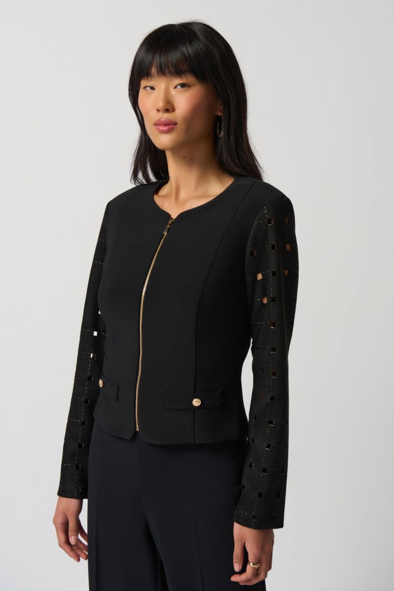 Joseph Ribkoff Black/Gold Leatherette and Suede Jacket Style 233291