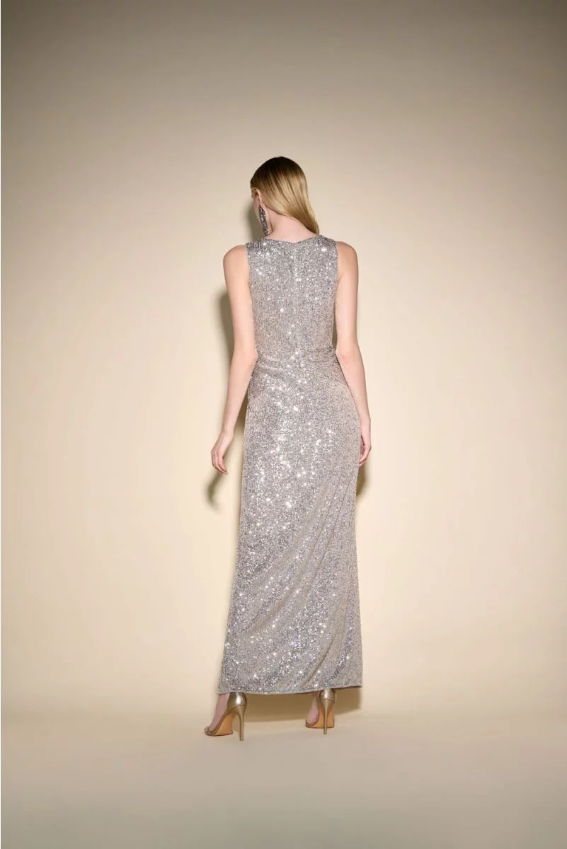 Joseph Ribkoff Latte Silver Sequin Ruffle Sleeveless Maxi Dress