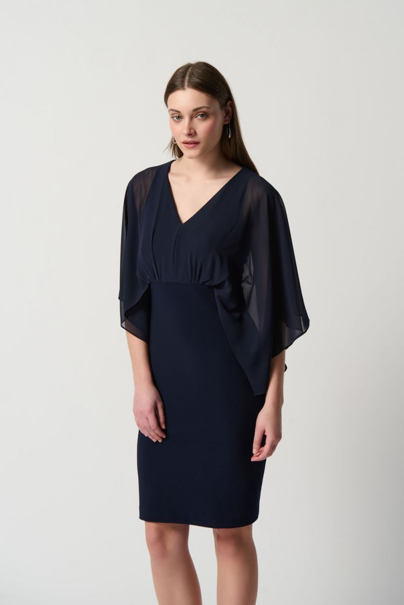 Joseph Ribkoff Midnight Blue Silky Knit Dress With Chiffon Kimono Overlay Style 234009