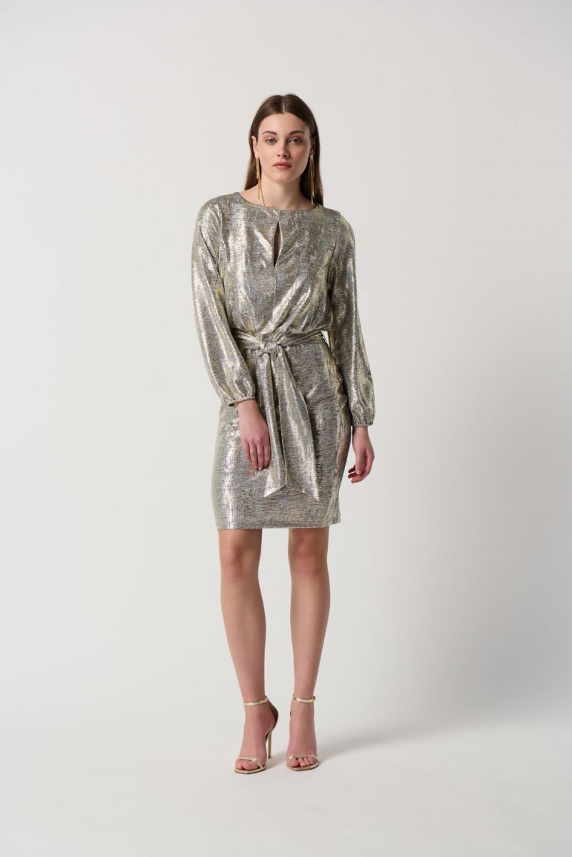 Joseph Ribkoff Gold/Grey Foiled Knit Sheath Dress With Puff Sleeves Style 234058
