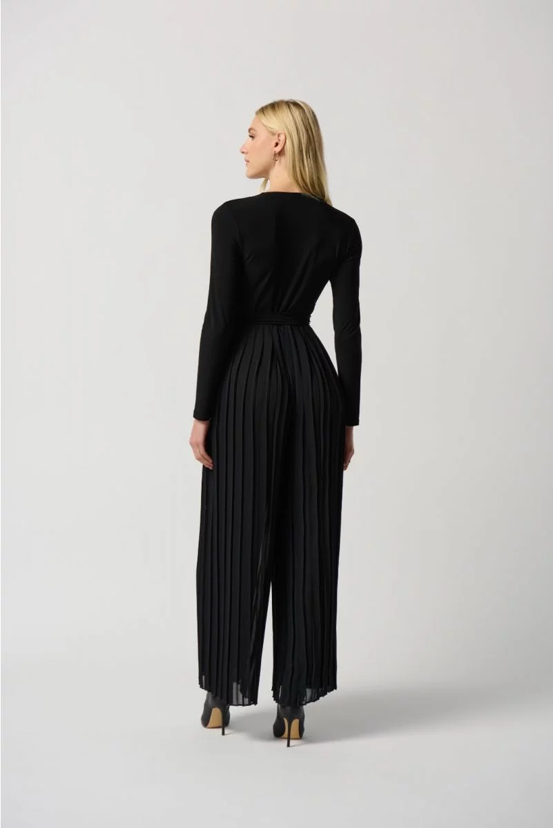 In The Style exclusive satin wrap detail pleated wide leg jumpsuit with  belt in black