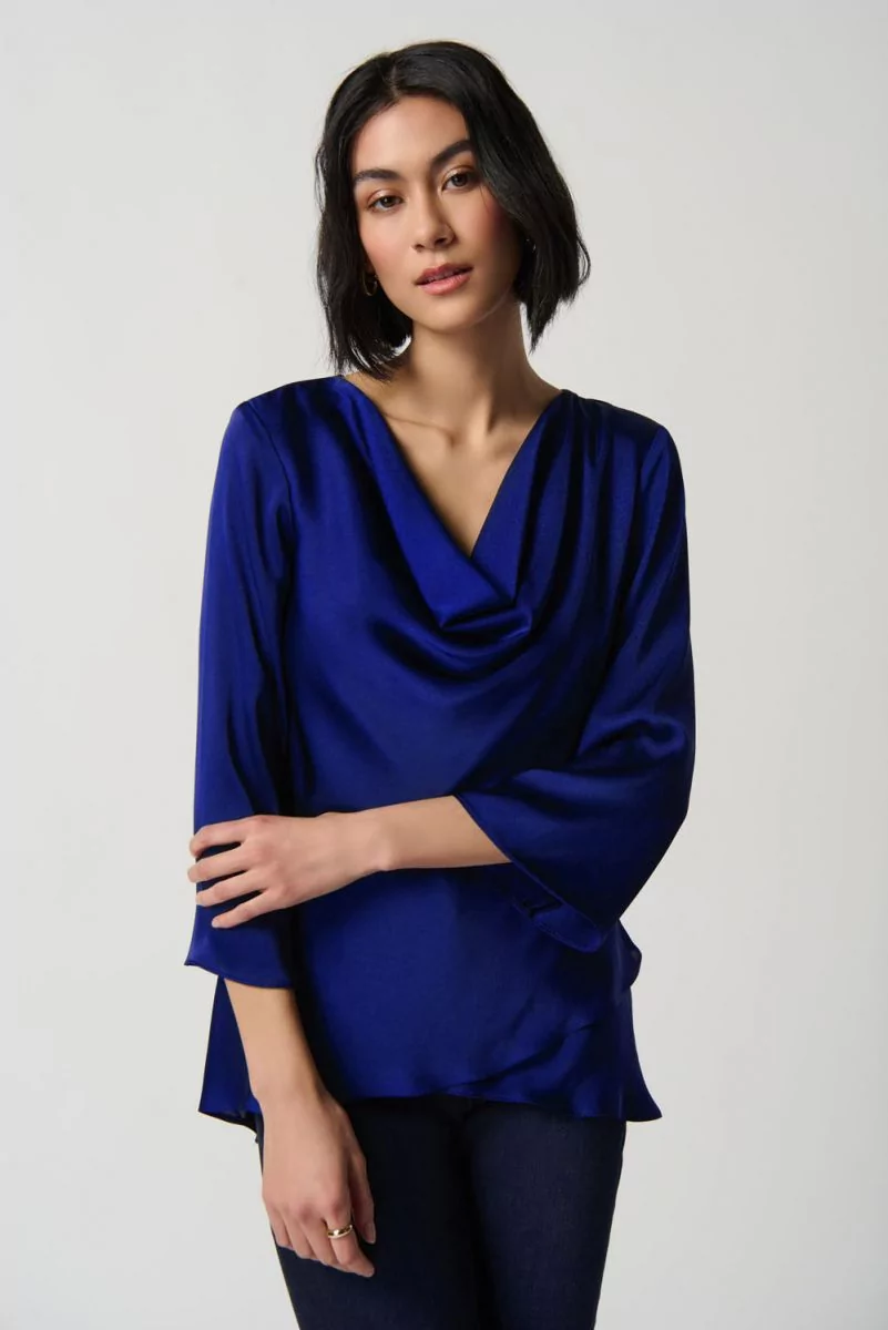 Joseph Ribkoff Royal Sapphire Cowl Neckline Satin Flared Top Style