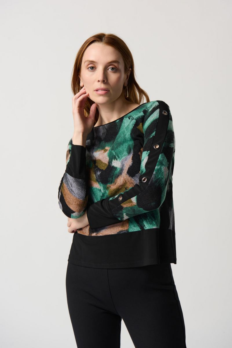 Joseph Ribkoff Black/Multi Abstract Print Sweater Knit Top Style 234185