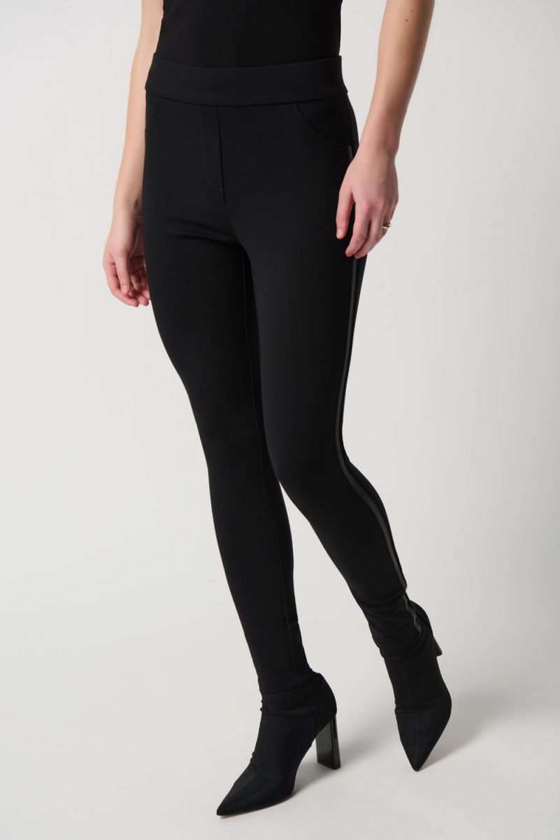 Joseph Ribkoff Black Heavy Knit Leggings With Faux Leather Detail