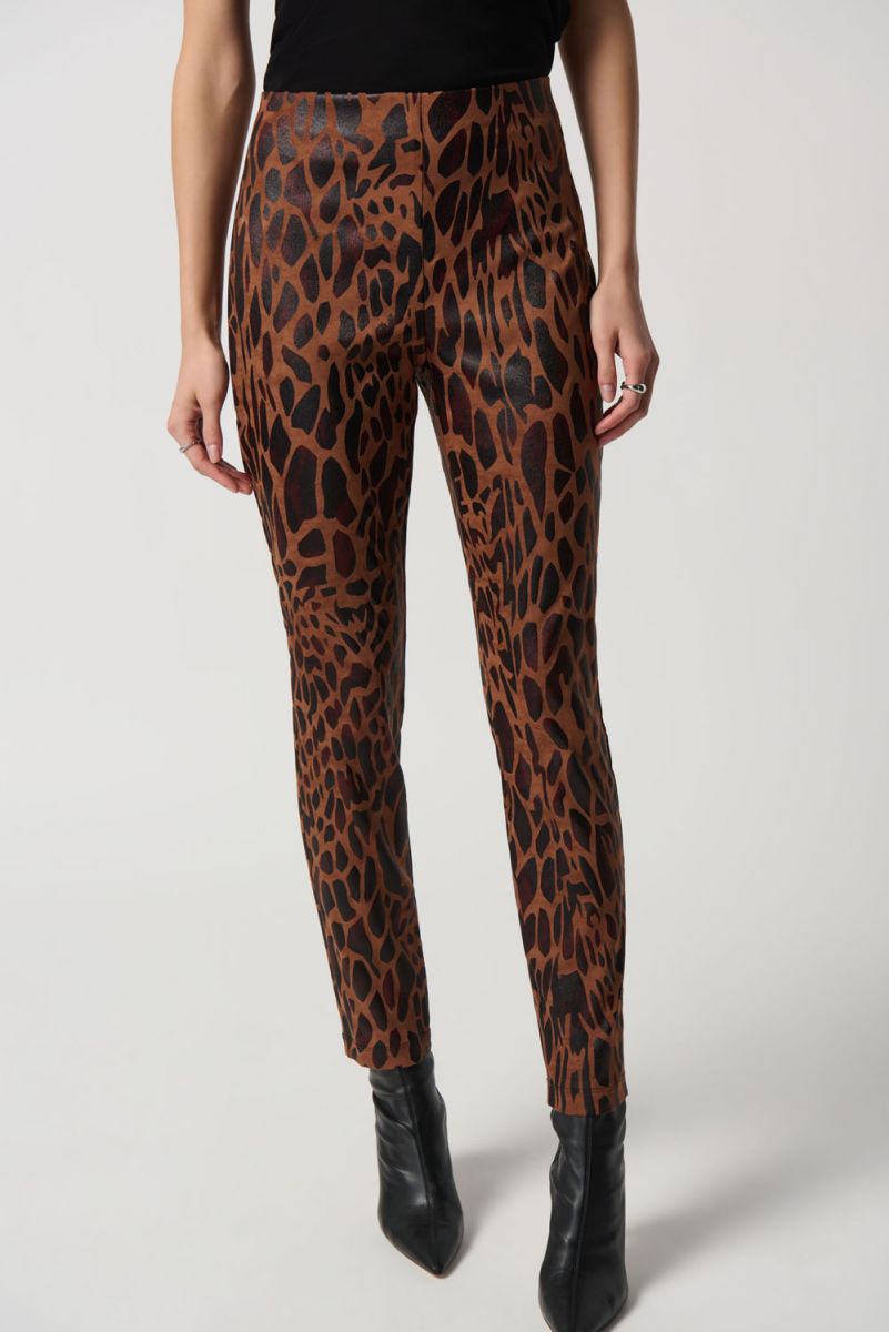 Joseph Ribkoff Toffee/Black Animal Print Suede Slim Fit Pull-On Pants Style 234283