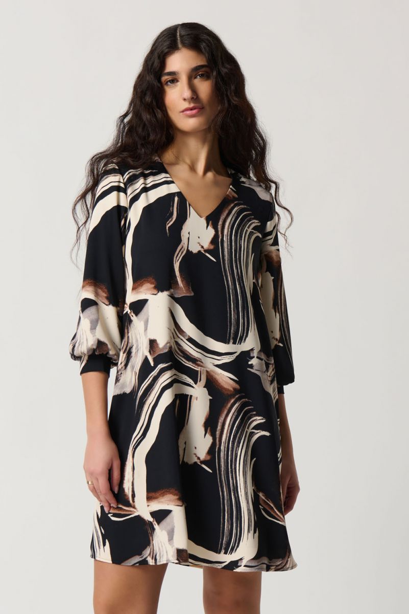 Joseph Ribkoff Black/Multi Abstract Print Woven A-Line Dress Style 234295