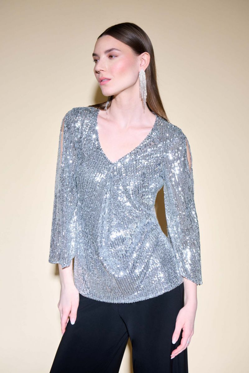 Joseph Ribkoff Silver Grey/Silver Sequin Bell Sleeve Flared Top Style