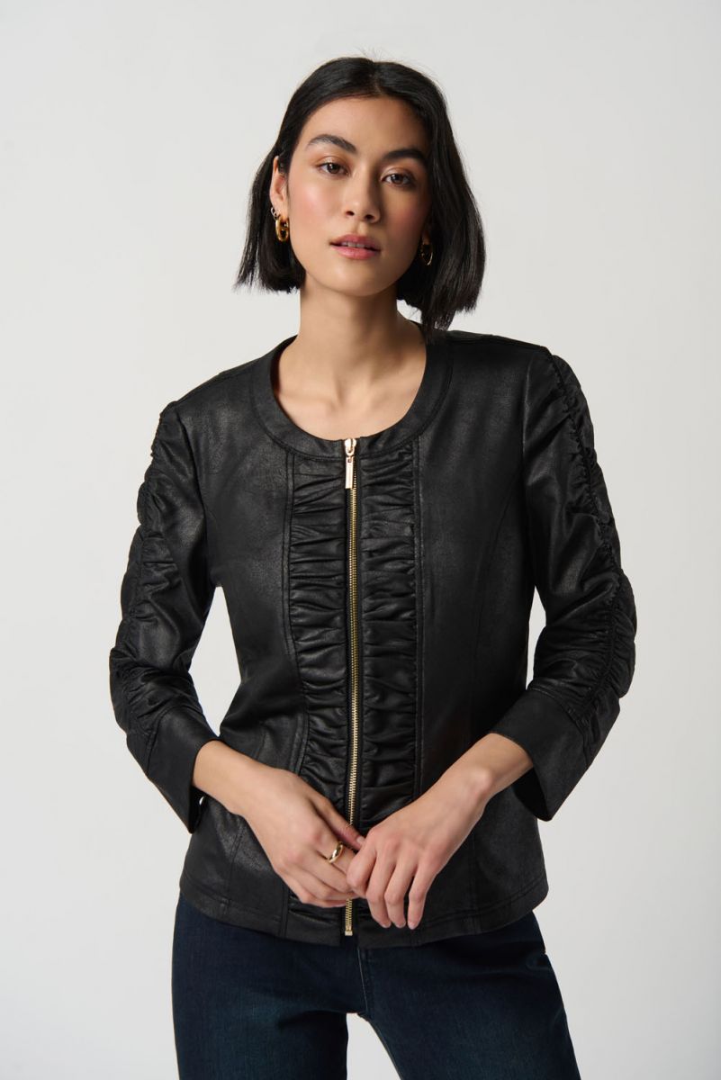 Joseph Ribkoff Black Foiled Knit Jacket With Ruched Detail Style 234928