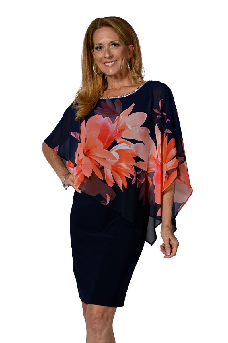 Frank Lyman Navy/Coral Floral Print Chiffon Dress Style 238348