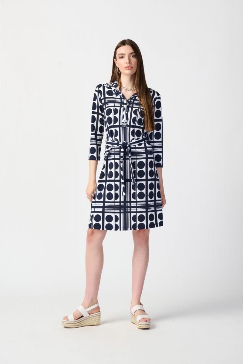 Joseph Ribkoff Vanilla/Midnight Blue Dot Print Belted Shirt Dress Style 241001
