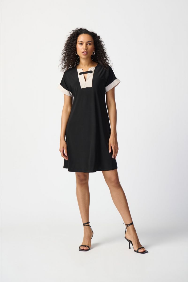Joseph Ribkoff Black/Moonstone Colour-Block A-line Dress Style 241030