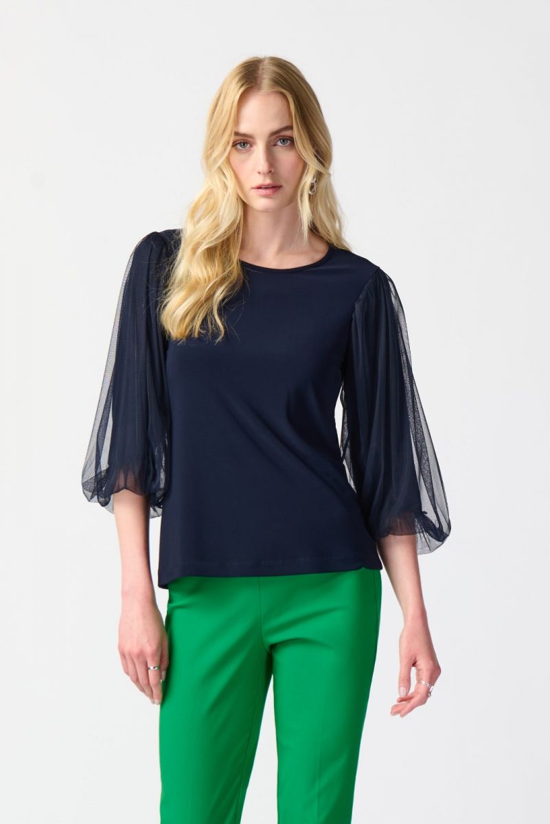 Joseph Ribkoff Midnight Blue Top With Mesh Sleeves Style 241042