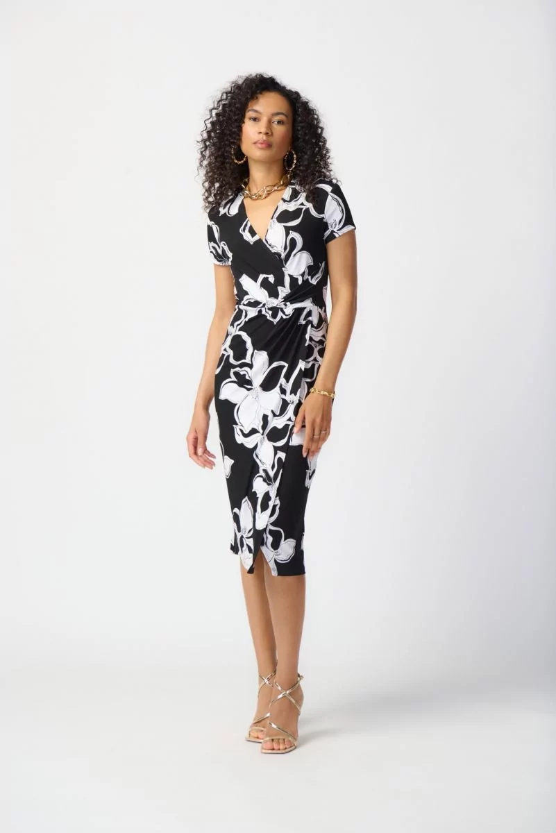 Joseph Ribkoff Black/Vanilla Floral Print Silky Knit Wrap Dress Style