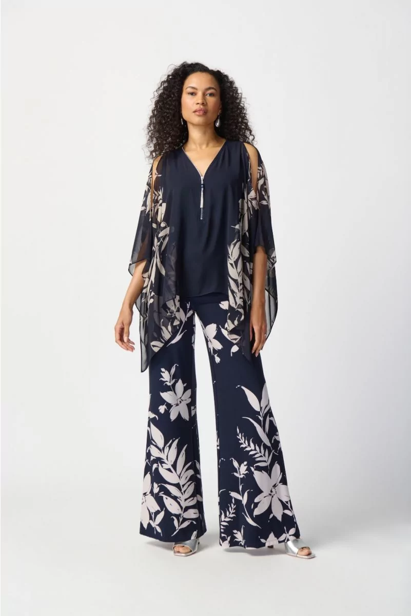 Joseph Ribkoff Midnight Blue/Beige Floral Print Chiffon Poncho