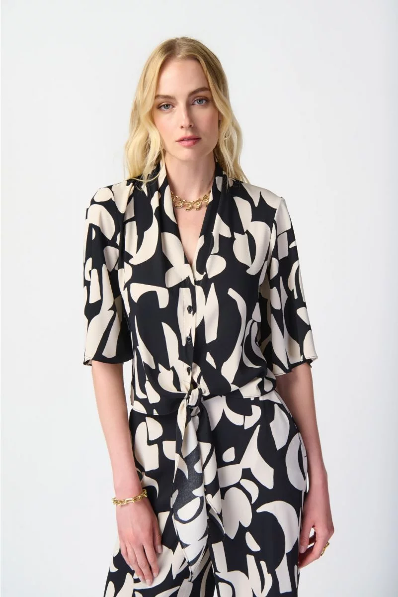 Joseph Ribkoff Black/Moonstone Abstract Print Front Tie Blouse Style 241098