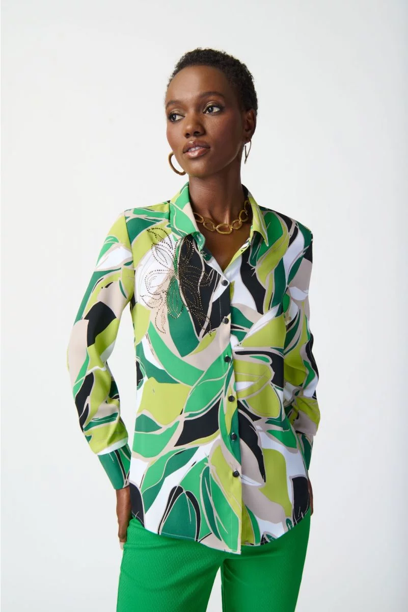 Joseph Ribkoff - 242121 - Printed Tie Top - Green/Vanilla – Viau Ladies Wear