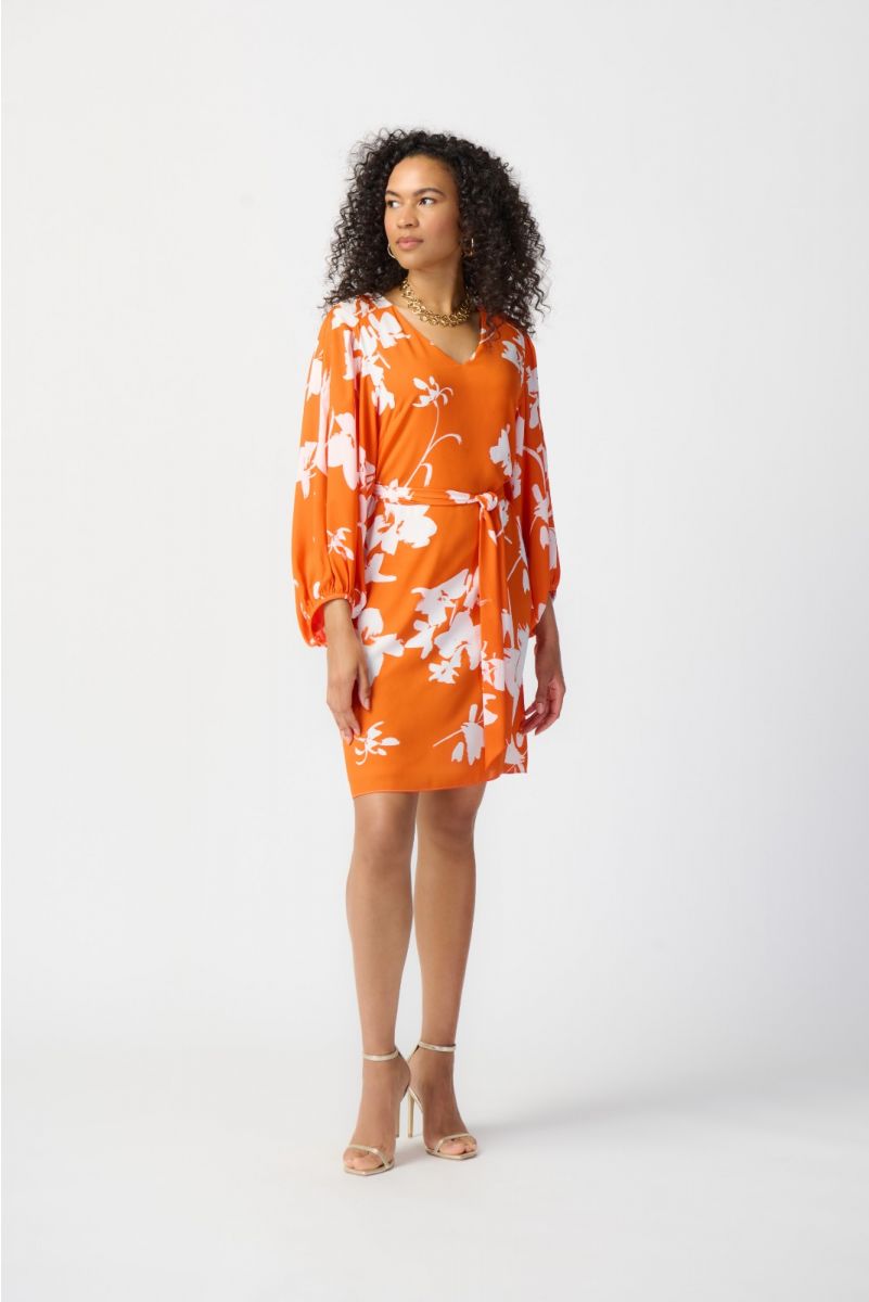 Joseph Ribkoff Mandarin/Vanilla Floral Print Puff Sleeve Belted Dress Style 241207