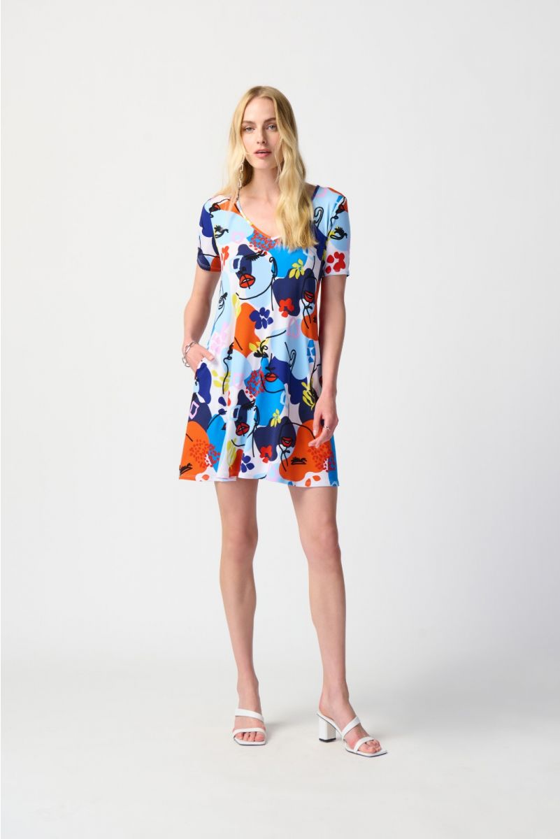 Joseph Ribkoff Vanilla/Multi Face Print A-Line Dress Style 241294