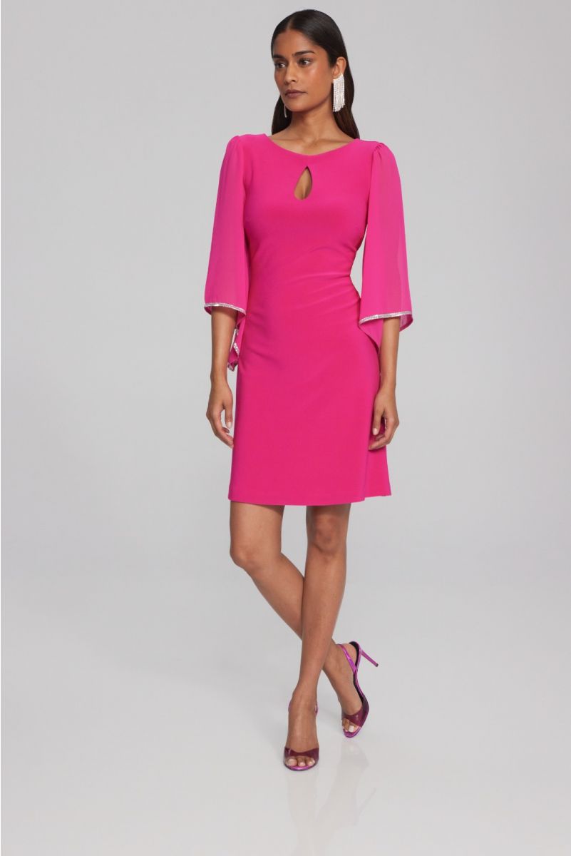 Joseph Ribkoff Shocking Pink Silky Knit Shift Dress with Chiffon Sleeves Style 241709