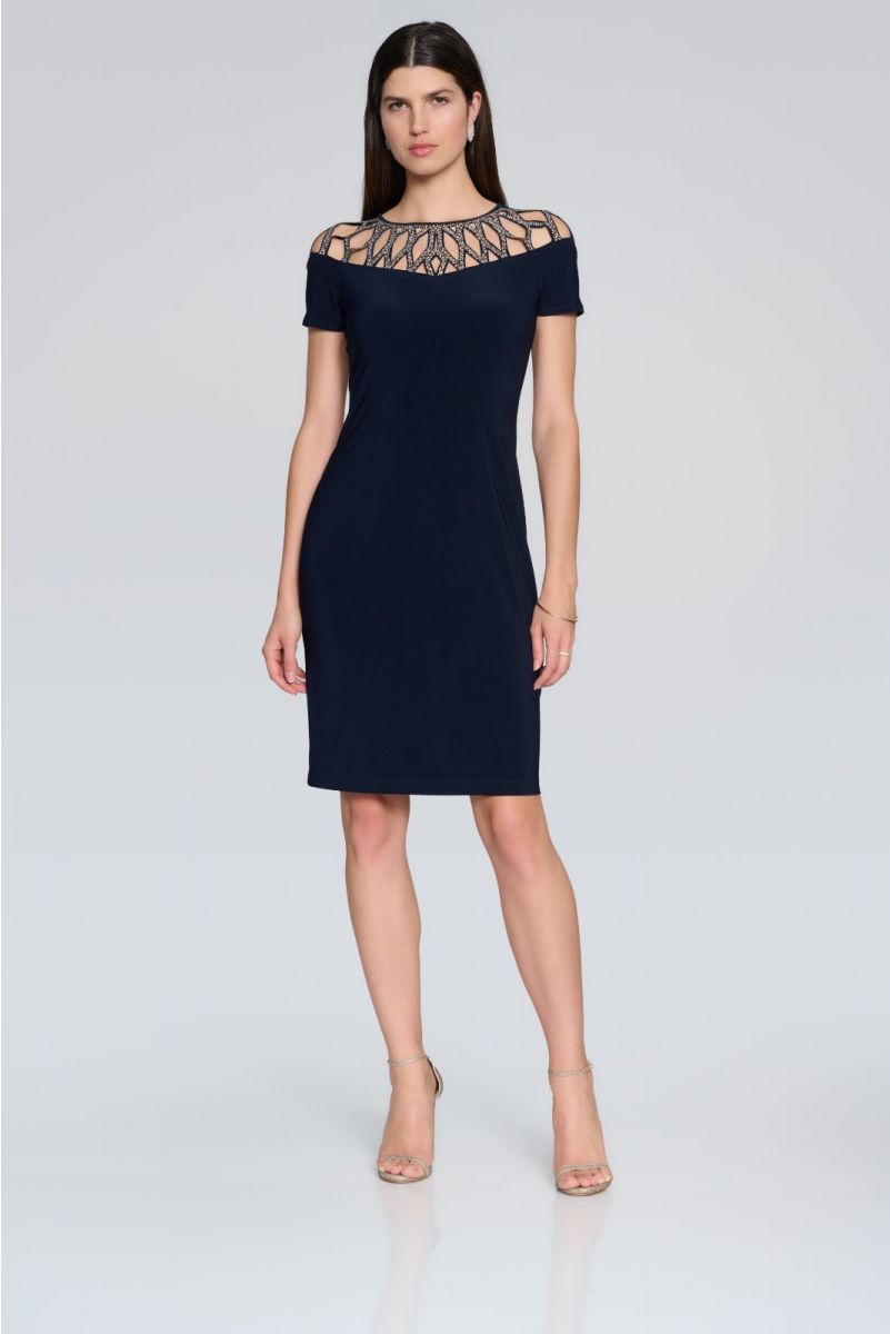 Joseph Ribkoff Midnight Blue Sheath Dress With Embellished Neckline Style 241716