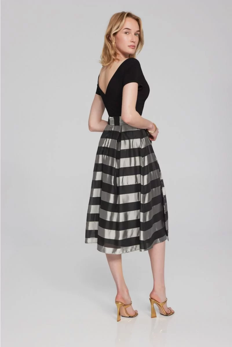 Joseph Ribkoff Black/Silver Striped Organza Fit-and-Flare Dress Style 241748