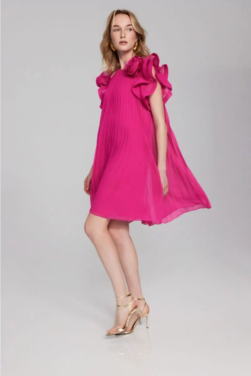 Joseph Ribkoff Shocking Pink Chiffon Pleated Dress with Organza...