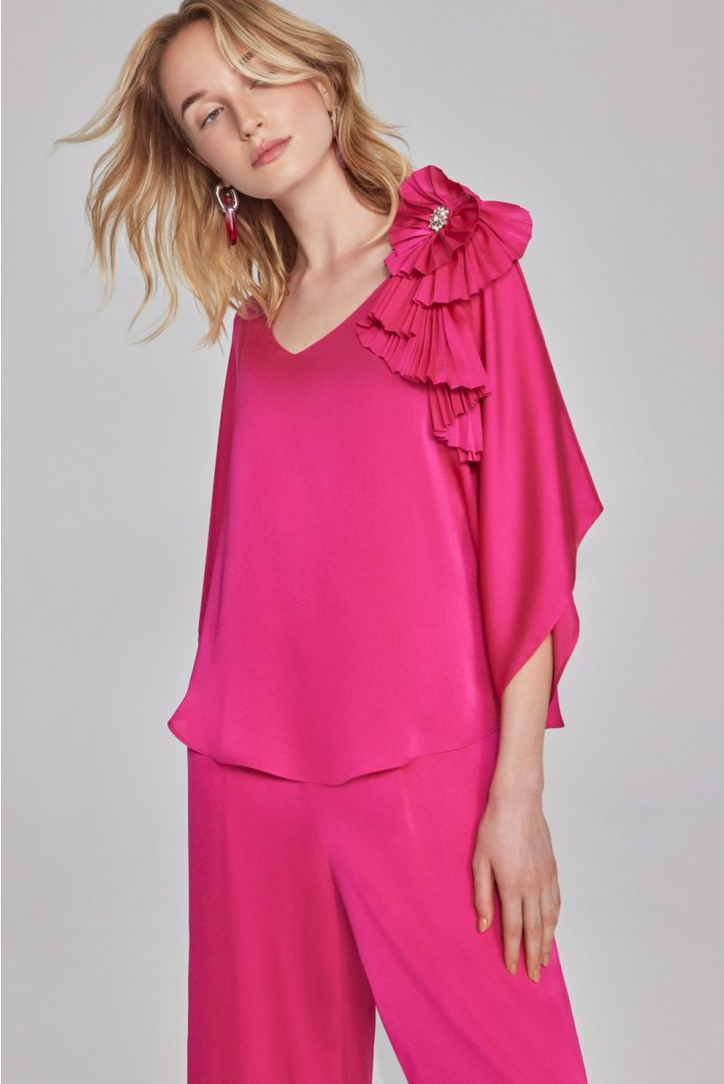 Joseph Ribkoff Shocking Pink Flared Top with Rosette Detail Style 241767