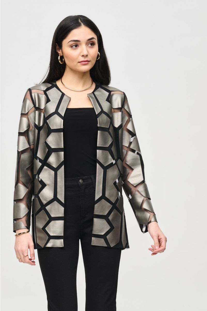 Joseph Ribkoff Gunmetal/Black Laser-Cut Leatherette on Mesh Jacket Style 241905