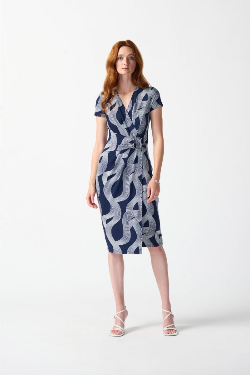 Joseph Ribkoff Midnight Blue/Vanilla Abstract Print Wrap Dress Style 242023