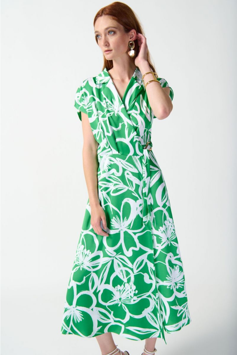 Joseph Ribkoff Green/Vanilla Floral Print Flowy Wrap Dress Style 242030