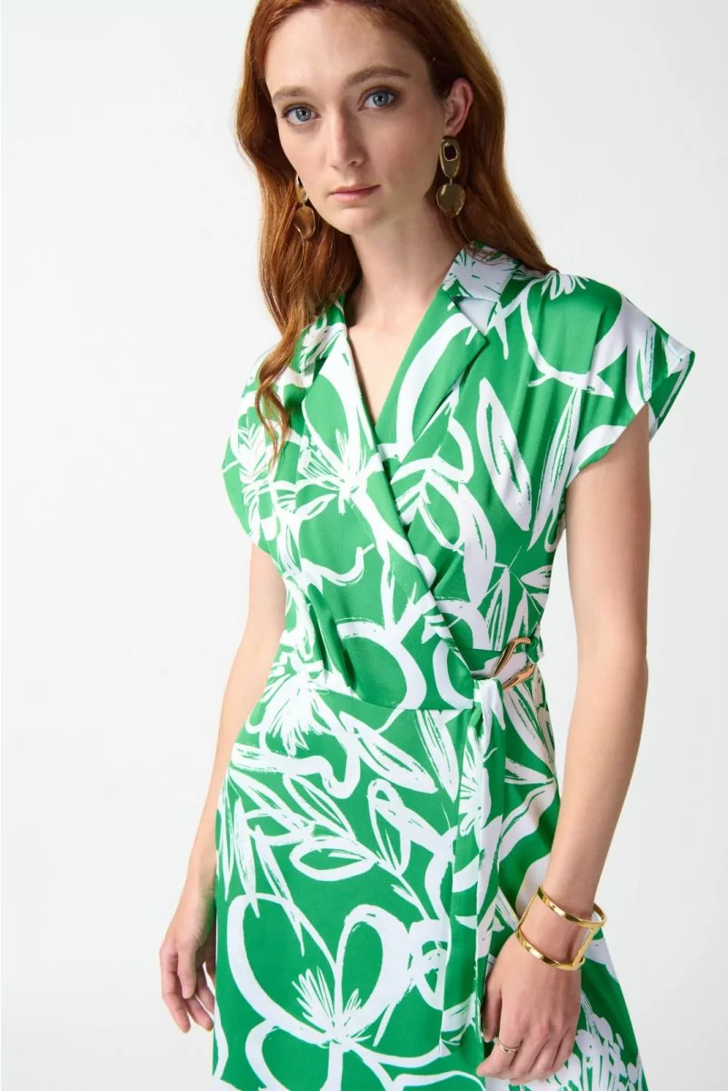 Green wrap fashion dress with white flowers