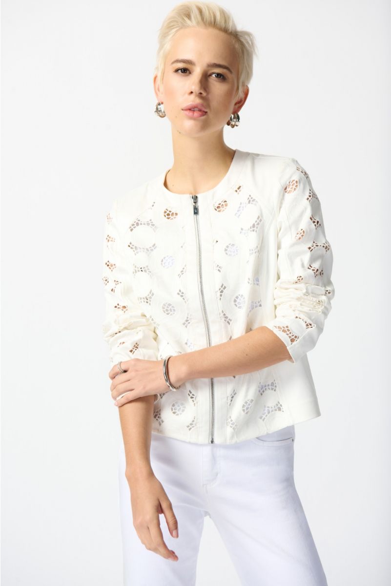 Joseph Ribkoff Vanilla Faux Suede Jacket With Laser Cut Leatherette Style 242907