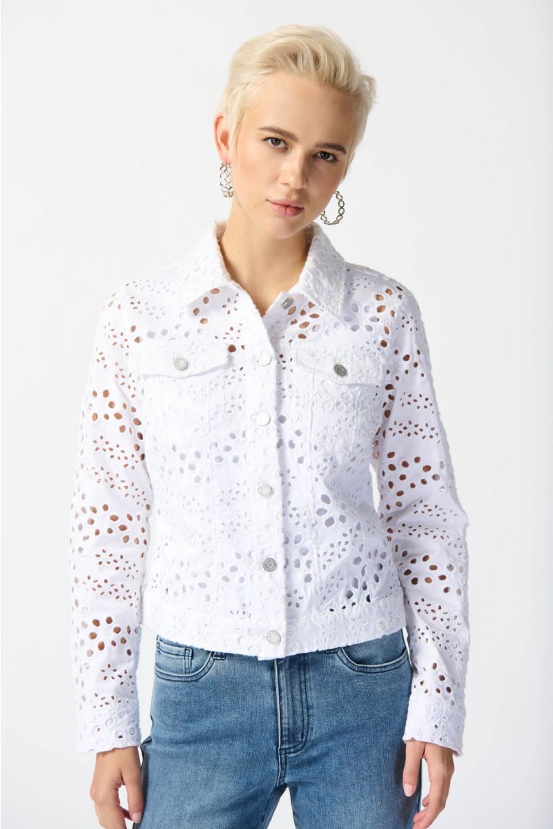 Joseph Ribkoff Vanilla Embroidered Demin Fitted Jacket Style 242918