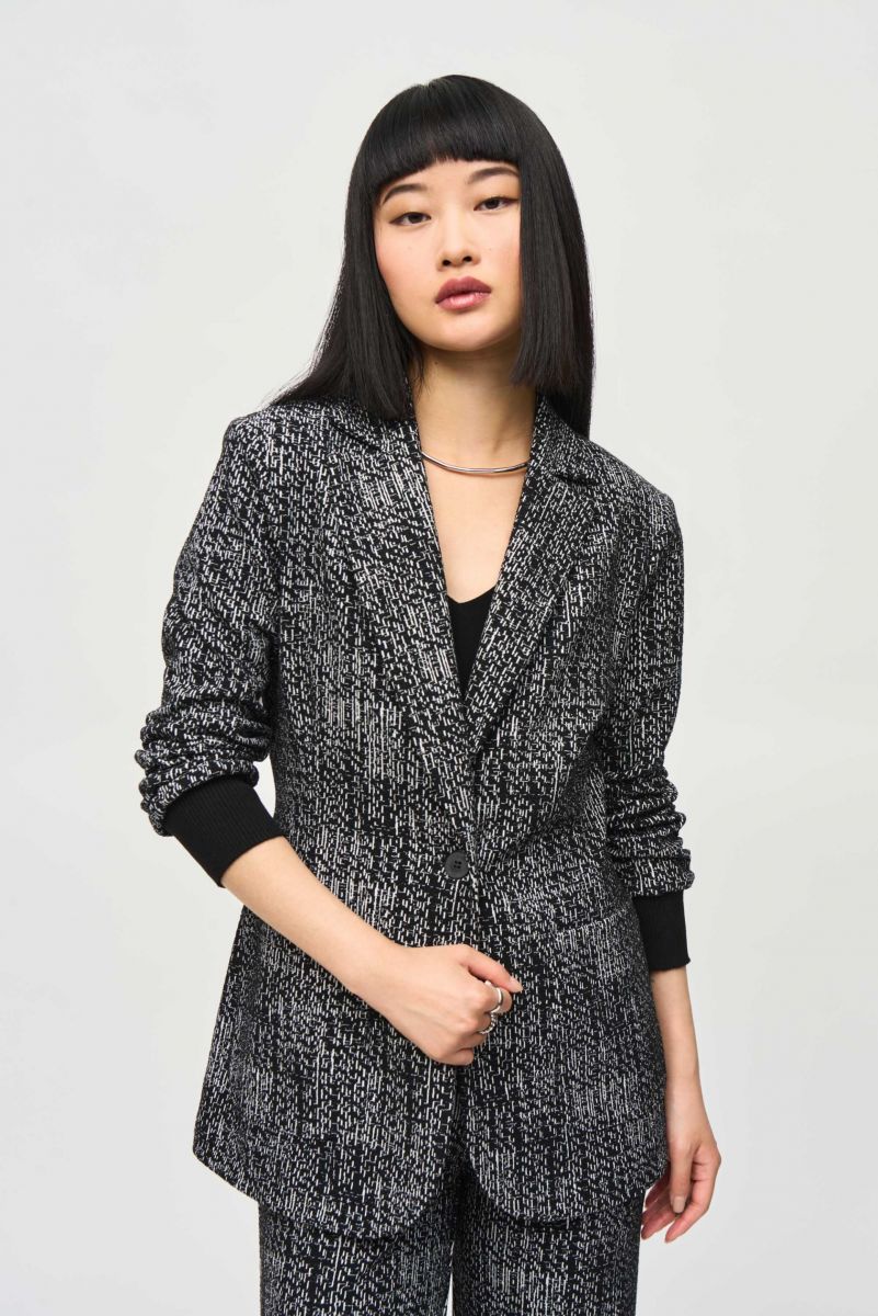 Joseph Ribkoff Black/Off-White Tweed Knit Fitted Blazer Style 243053