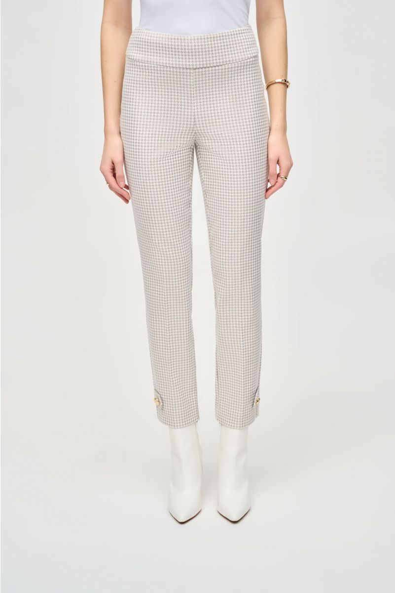 Joseph Ribkoff Beige/Off-White Houndstooth Jacquard Slim Fit Pants Style 243180