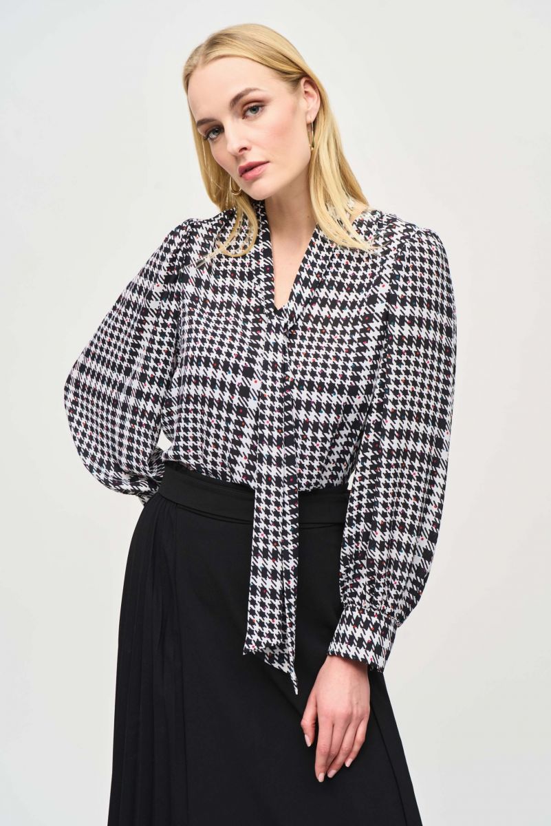 Joseph Ribkoff Vanilla/Multi Georgette Plaid Puff Sleeve Top Style 243228