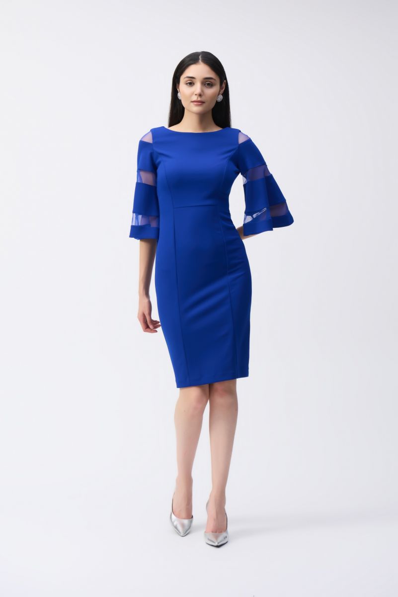 Joseph Ribkoff Royal Sapphire Bell Sleeve Sheath Dress with Mesh Inserts Style 243733