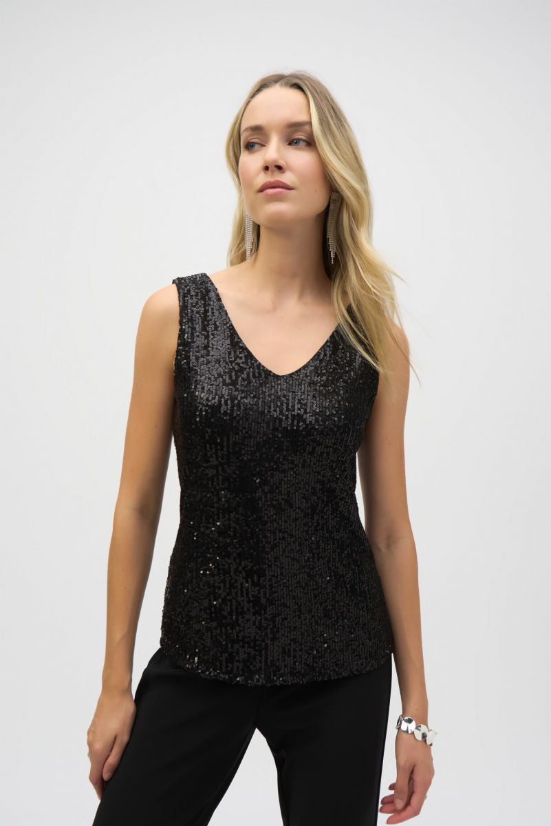 Joseph Ribkoff Black Sequined Sleeveless Fitted Top Style 243789