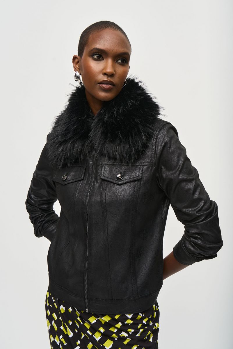 Joseph Ribkoff Black Faux Fur Collar Suede Jacket Style 243907