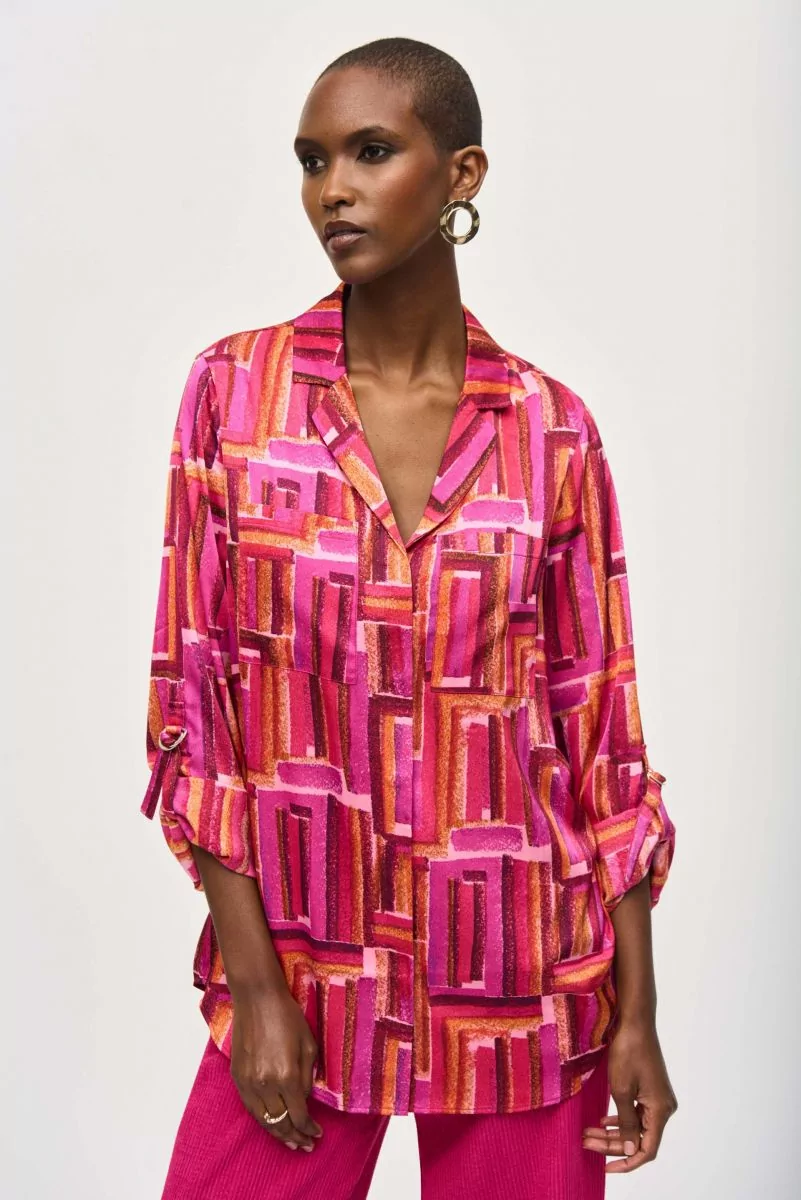 Joseph Ribkoff Pink/Multi Geometric Print Button-Down Blouse Style