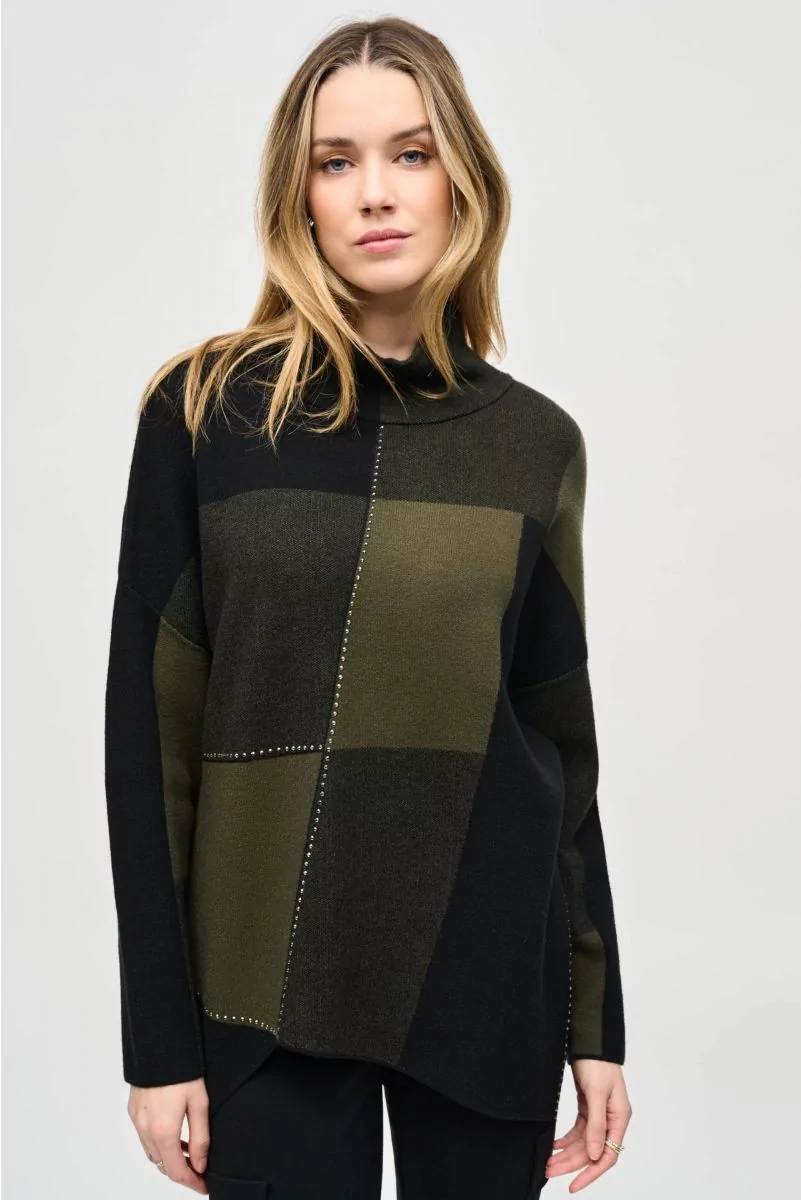 Joseph Ribkoff Iguana/Black Color-Block Jacquard Knit Pullover...